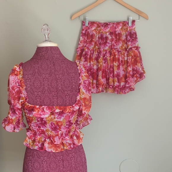 NWT Misa Los Angeles Pink Floral Smocked Top and Skirt Set XS - Picture 2 of 8